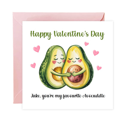Personalised Happy Valentine’s Day Card with Cute Avocados Design for Loved Ones, Wife, Husband, Boyfriend, Girlfriend, Partner etc - Custom Name for Him or Her - Pink Envelope Included