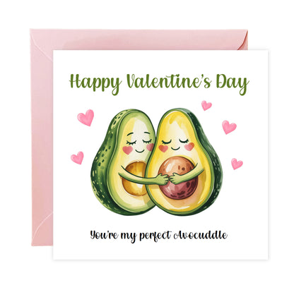 Happy Valentine’s Day Card with Cute Avacados Design - You’re My Perfect Avocuddle for Loved Ones, Wife, Husband, Boyfriend, Girlfriend, Partner, for Him or Her - Pink Envelope Included
