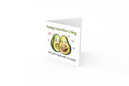 Personalised Happy Valentine’s Day Card with Cute Avocados Design for Loved Ones, Wife, Husband, Boyfriend, Girlfriend, Partner etc - Custom Name for Him or Her - Pink Envelope Included