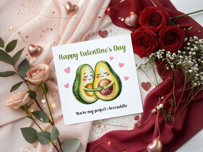 Happy Valentine’s Day Card with Cute Avacados Design - You’re My Perfect Avocuddle for Loved Ones, Wife, Husband, Boyfriend, Girlfriend, Partner, for Him or Her - Pink Envelope Included
