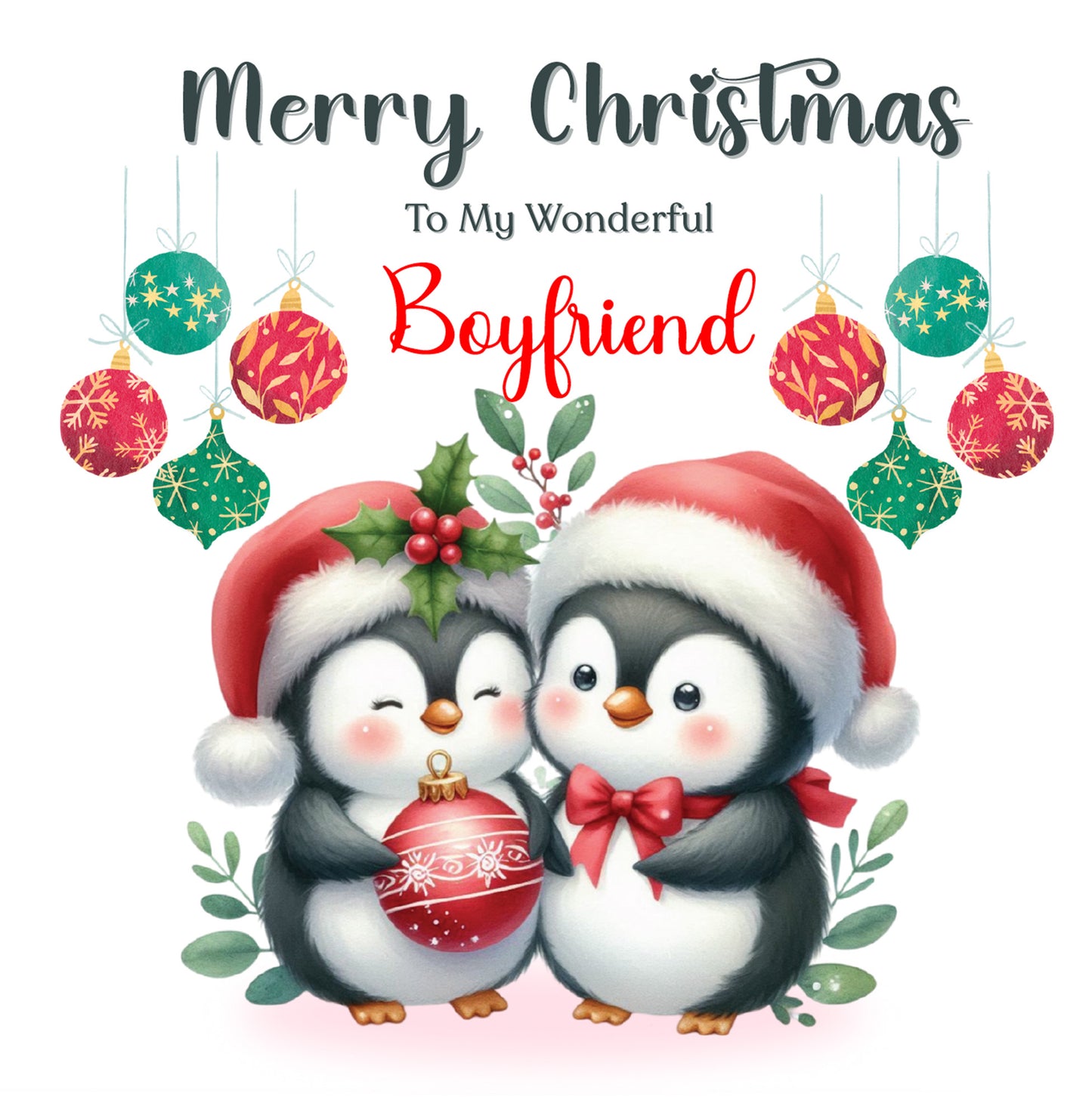 Cute Penguin Couple Merry Christmas Card – Penguins Xmas Card for Him or Her  – 6 Options Available: Boyfriend, Girlfriend, Husband, Wife, Fiancé & Fiancée – Red Envelope Included