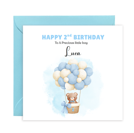 Personalised 2 Years Old 2nd Birthday Card for Toddler Boy – Cute Teddy Bear Design with Custom Name & Message - Two years old Birthday Card for Son, Grandson Nephew with Blue Envelope