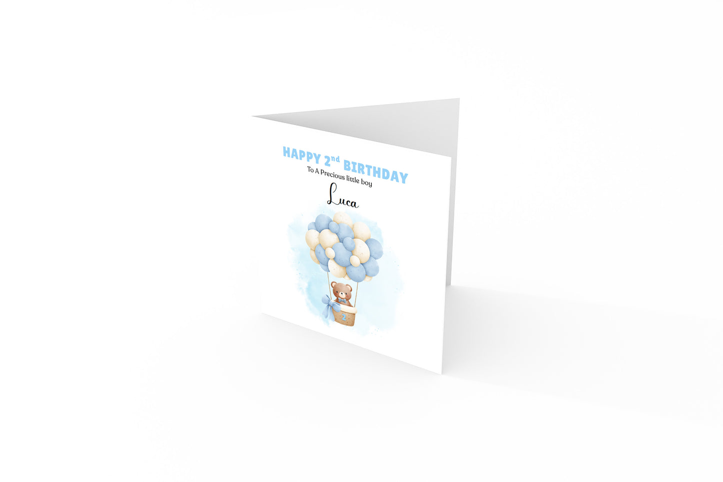 Personalised 2 Years Old 2nd Birthday Card for Toddler Boy – Cute Teddy Bear Design with Custom Name & Message - Two years old Birthday Card for Son, Grandson Nephew with Blue Envelope