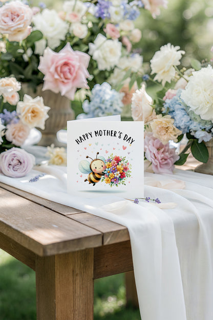 Happy Mother’s Day Card - Cute Bee with Flower Bouquet Design for Mum, Mother, Mother To Be, Step-Mum, Grranma, Wife – Sweet Spring Mother’s Day Card from Son or Daughter - Pink Envelope Included