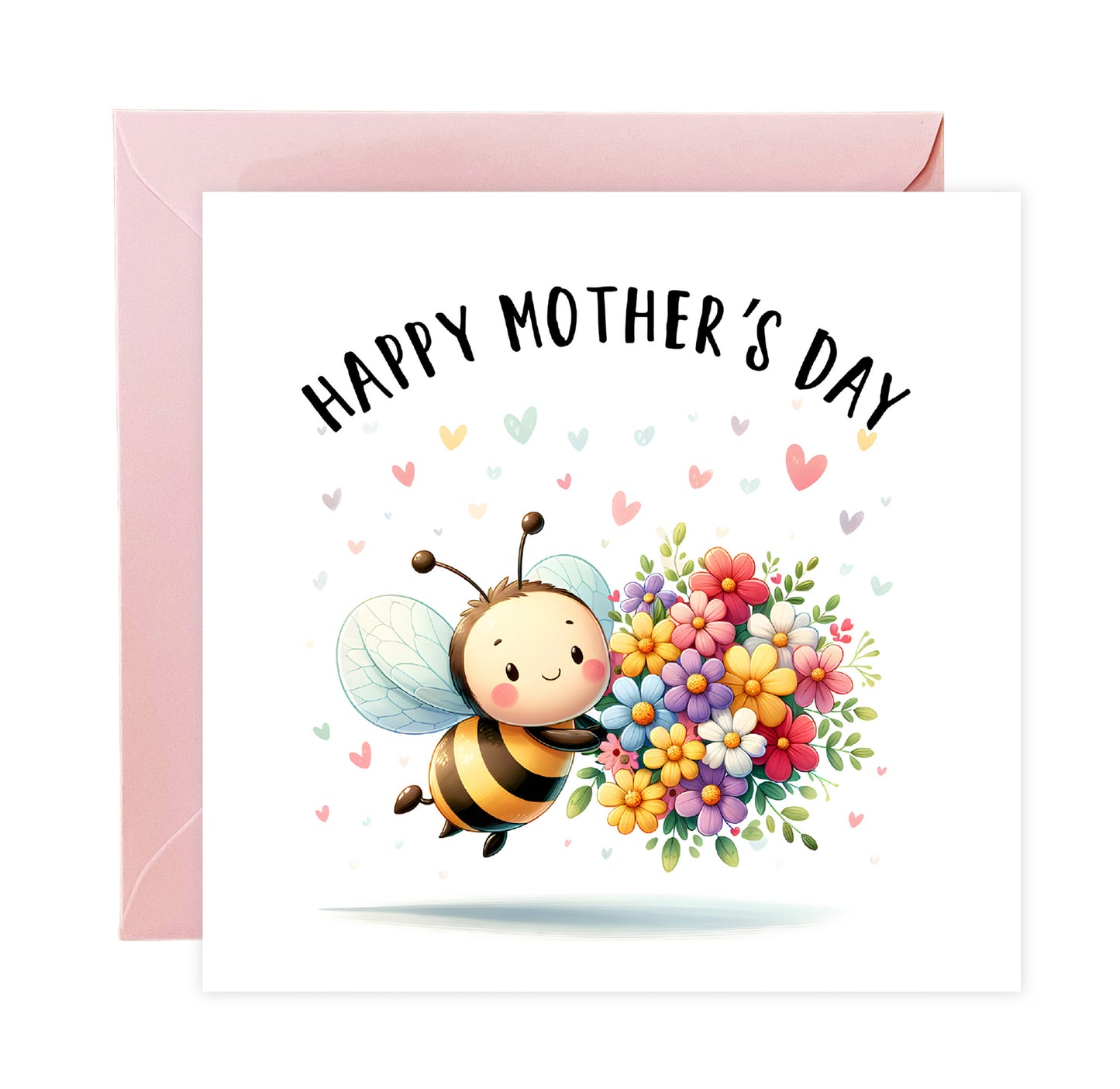 Happy Mother’s Day Card - Cute Bee with Flower Bouquet Design for Mum, Mother, Mother To Be, Step-Mum, Grranma, Wife – Sweet Spring Mother’s Day Card from Son or Daughter - Pink Envelope Included