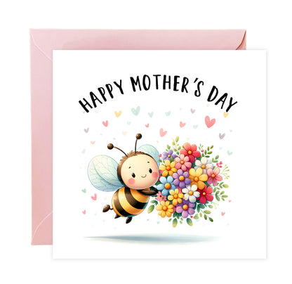 Happy Mother’s Day Card - Cute Bee with Flower Bouquet Design for Mum, Mother, Mother To Be, Step-Mum, Grranma, Wife – Sweet Spring Mother’s Day Card from Son or Daughter - Pink Envelope Included