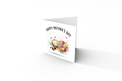 Happy Mother’s Day Card - Cute Bee with Flower Bouquet Design for Mum, Mother, Mother To Be, Step-Mum, Grranma, Wife – Sweet Spring Mother’s Day Card from Son or Daughter - Pink Envelope Included