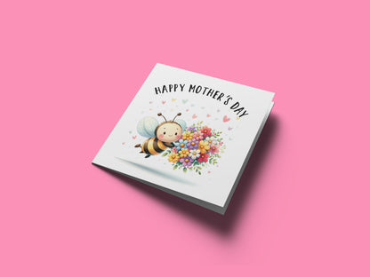 Happy Mother’s Day Card - Cute Bee with Flower Bouquet Design for Mum, Mother, Mother To Be, Step-Mum, Grranma, Wife – Sweet Spring Mother’s Day Card from Son or Daughter - Pink Envelope Included