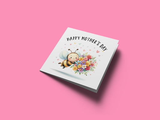 Happy Mother’s Day Card - Cute Bee with Flower Bouquet Design for Mum, Mother, Mother To Be, Step-Mum, Grranma, Wife – Sweet Spring Mother’s Day Card from Son or Daughter - Pink Envelope Included