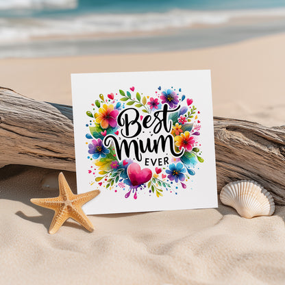 Happy Mother’s Day Card - Best Mum Ever Mother’s Day Card – Colourful Floral Heart Design for Mother, Mother To Be, Step-Mum, Grranma, Wife from Son or Daughter - Pink Envelope Included