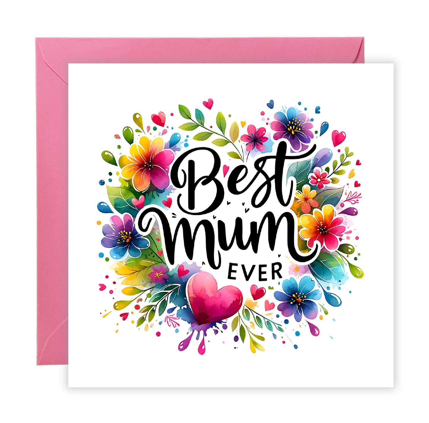 Happy Mother’s Day Card - Best Mum Ever Mother’s Day Card – Colourful Floral Heart Design for Mother, Mother To Be, Step-Mum, Grranma, Wife from Son or Daughter - Pink Envelope Included