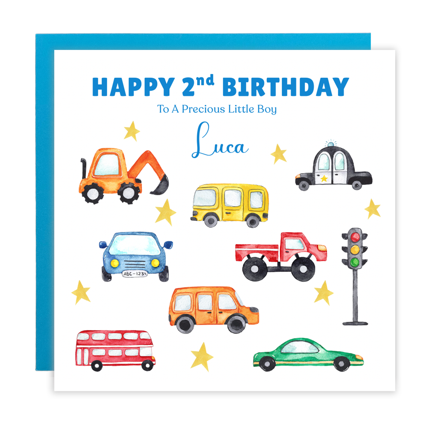 Personalised Two Years Old 2nd Birthday Card for Boy – Custom Name & Message – Cute Cars Design - Kids Birthday Card for Two-Year-Old Toddler Boys, Son, Nephew, Grandson (Blue or Green)