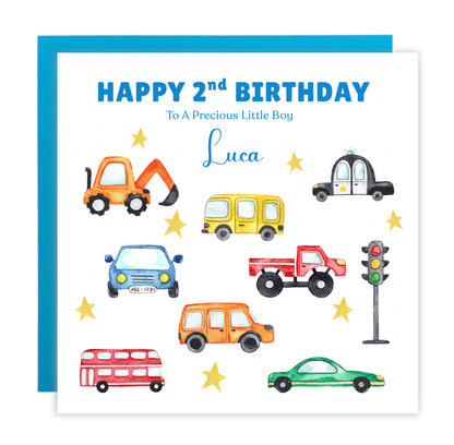 Personalised Two Years Old 2nd Birthday Card for Boy – Custom Name & Message – Cute Cars Design - Kids Birthday Card for Two-Year-Old Toddler Boys, Son, Nephew, Grandson (Blue or Green)