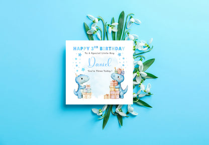 Personalised 3 Years Old 3rd Birthday Card for Toddler Boy – Cute Dinosaur Design with Custom Name & Message - Age 3 Year Old Birthday Card for Little One, Son, Grandson, Nephew with Blue Envelope