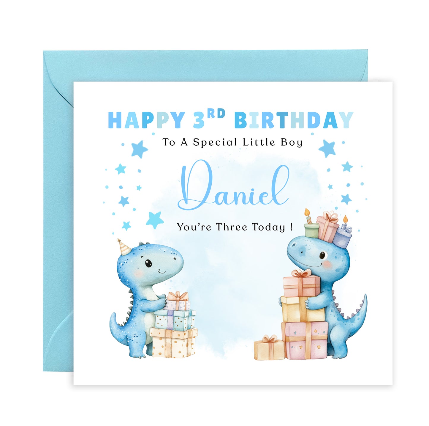 Personalised 3 Years Old 3rd Birthday Card for Toddler Boy – Cute Dinosaur Design with Custom Name & Message - Age 3 Year Old Birthday Card for Little One, Son, Grandson, Nephew with Blue Envelope