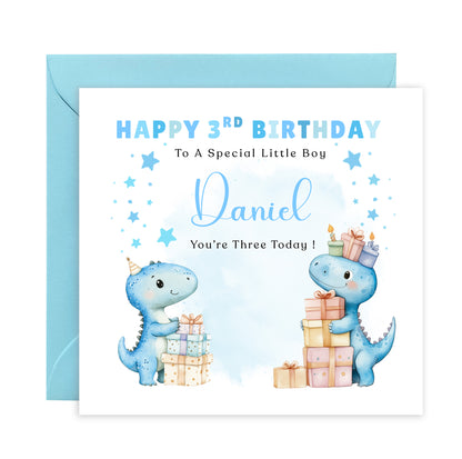 Personalised 3 Years Old 3rd Birthday Card for Toddler Boy – Cute Dinosaur Design with Custom Name & Message - Age 3 Year Old Birthday Card for Little One, Son, Grandson, Nephew with Blue Envelope