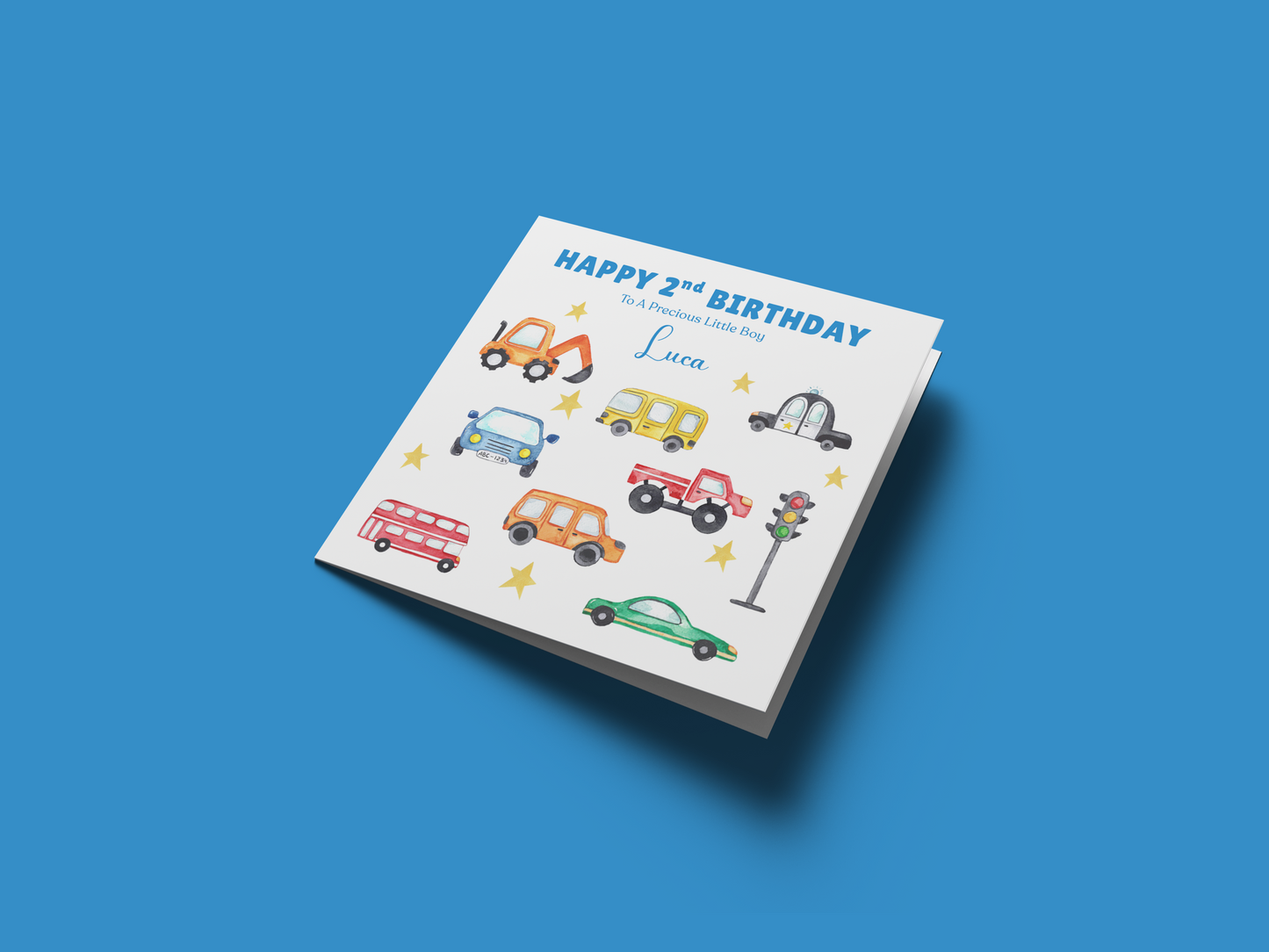 Personalised Two Years Old 2nd Birthday Card for Boy – Custom Name & Message – Cute Cars Design - Kids Birthday Card for Two-Year-Old Toddler Boys, Son, Nephew, Grandson (Blue or Green)