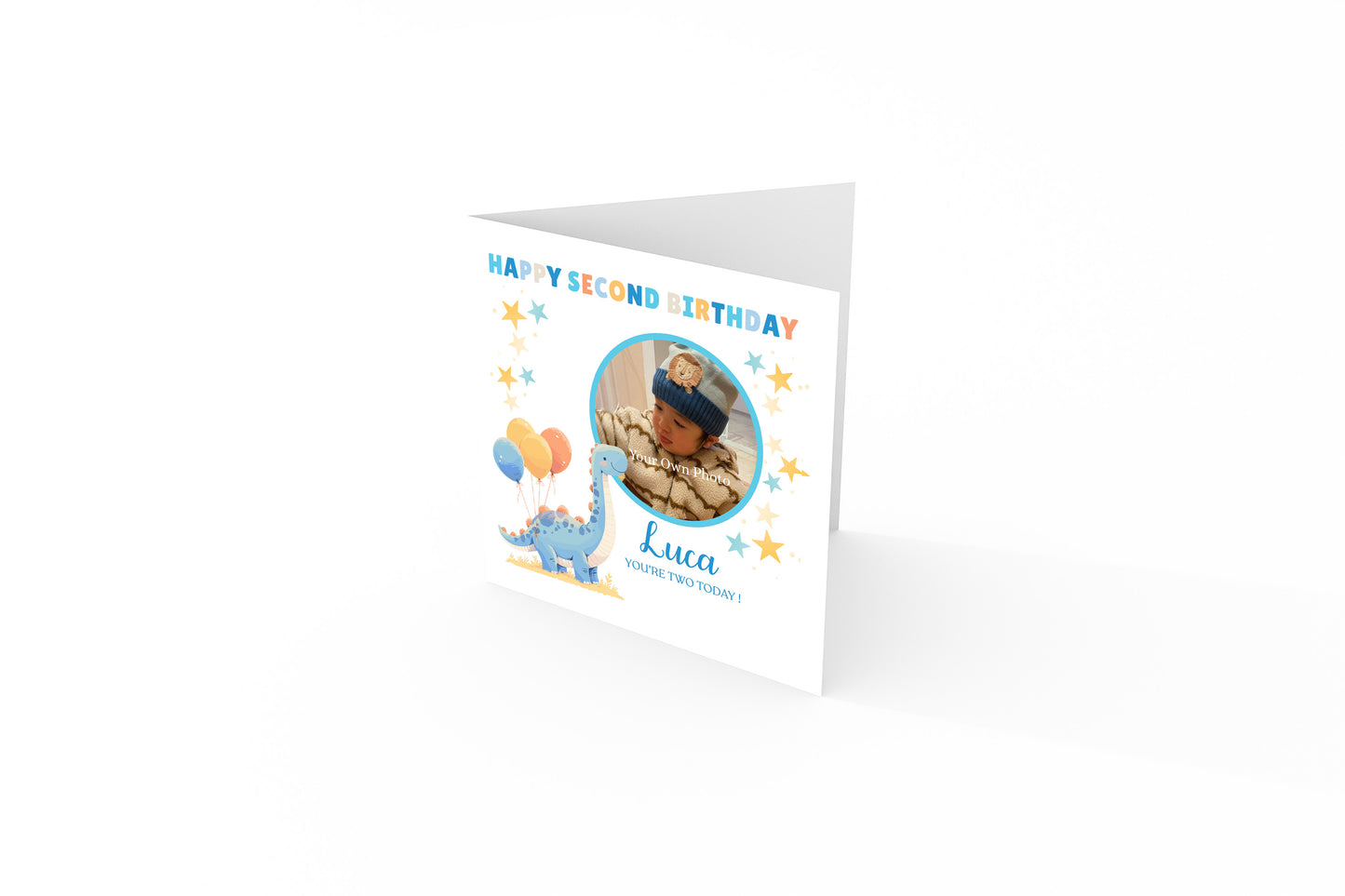 Personalised Photo 2nd Birthday Card for Toddler Boy –  Blue Brontosaurus Dinosaur with Custom Photo and Name, Age 2 Years Old Happy Birthday Card for Son, Grandson, Nephew –  Blue Envelope Included