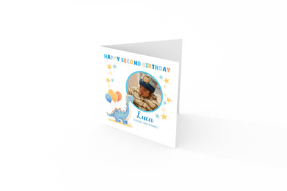 Personalised Photo 2nd Birthday Card for Toddler Boy –  Blue Brontosaurus Dinosaur with Custom Photo and Name, Age 2 Years Old Happy Birthday Card for Son, Grandson, Nephew –  Blue Envelope Included