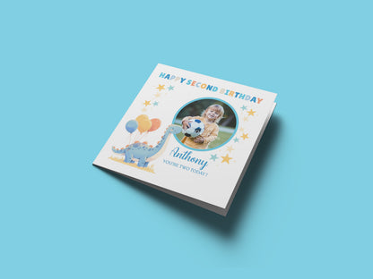 Personalised Photo 2nd Birthday Card for Toddler Boy –  Blue Brontosaurus Dinosaur with Custom Photo and Name, Age 2 Years Old Happy Birthday Card for Son, Grandson, Nephew –  Blue Envelope Included