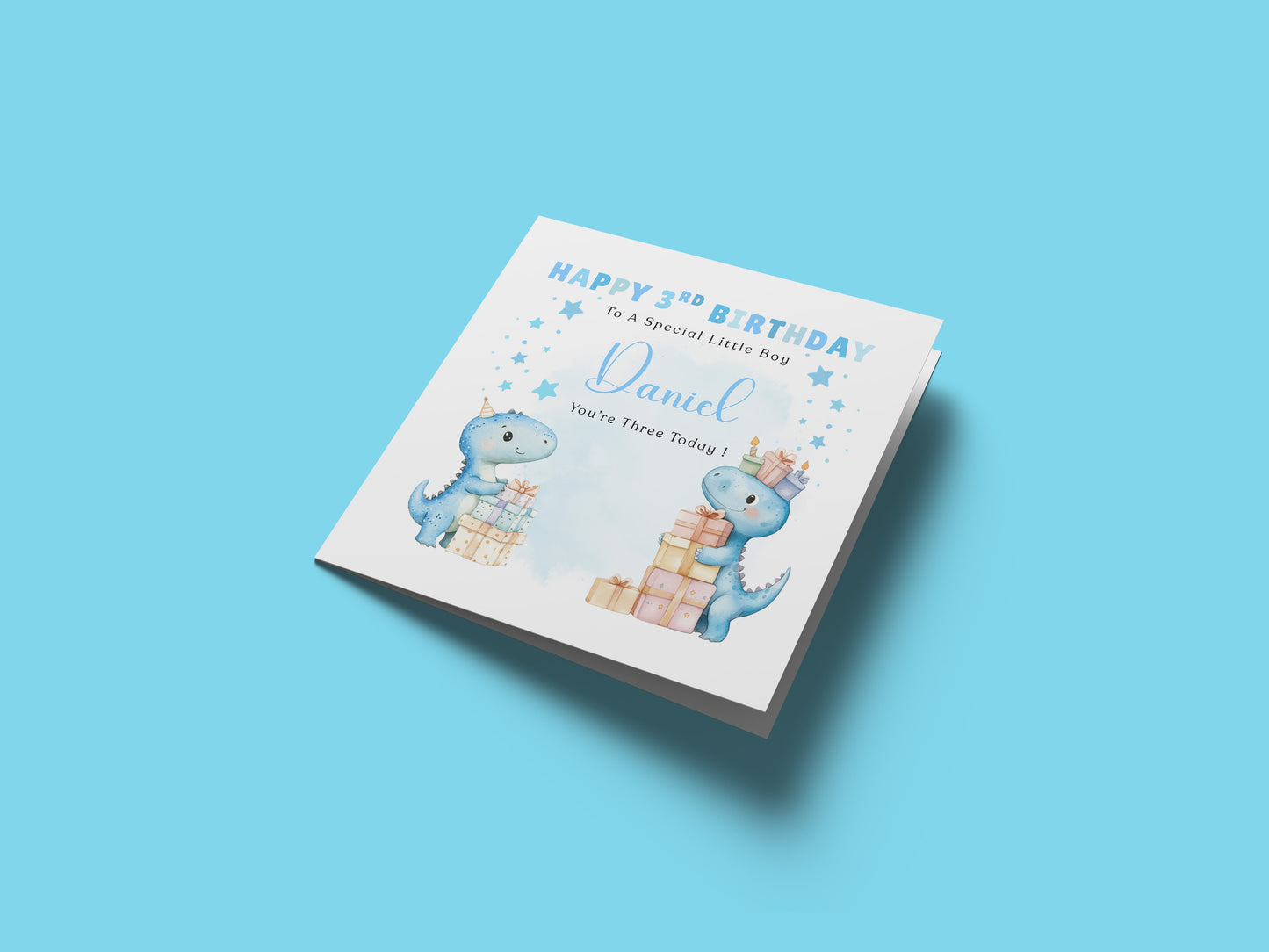 Personalised 3 Years Old 3rd Birthday Card for Toddler Boy – Cute Dinosaur Design with Custom Name & Message - Age 3 Year Old Birthday Card for Little One, Son, Grandson, Nephew with Blue Envelope