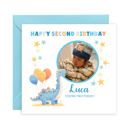 Personalised Photo 2nd Birthday Card for Toddler Boy –  Blue Brontosaurus Dinosaur with Custom Photo and Name, Age 2 Years Old Happy Birthday Card for Son, Grandson, Nephew –  Blue Envelope Included
