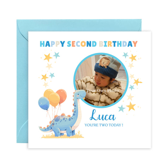 Personalised Photo 2nd Birthday Card for Toddler Boy –  Blue Brontosaurus Dinosaur with Custom Photo and Name, Age 2 Years Old Happy Birthday Card for Son, Grandson, Nephew –  Blue Envelope Included
