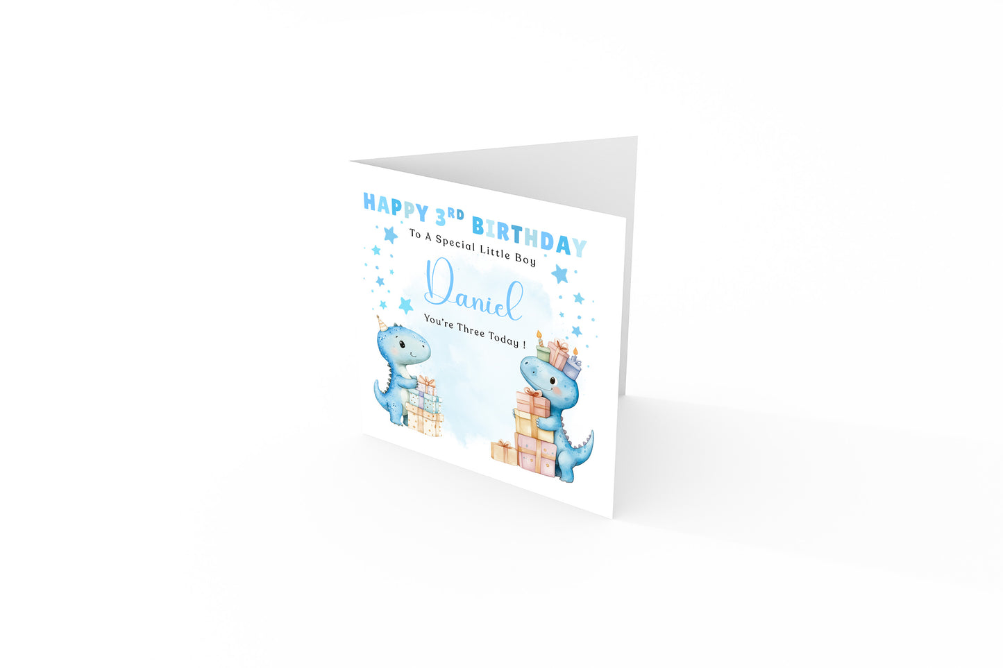 Personalised 3 Years Old 3rd Birthday Card for Toddler Boy – Cute Dinosaur Design with Custom Name & Message - Age 3 Year Old Birthday Card for Little One, Son, Grandson, Nephew with Blue Envelope