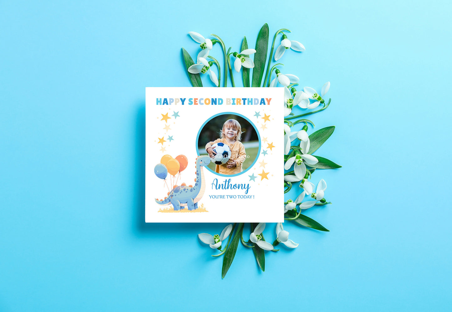 Personalised Photo 2nd Birthday Card for Toddler Boy –  Blue Brontosaurus Dinosaur with Custom Photo and Name, Age 2 Years Old Happy Birthday Card for Son, Grandson, Nephew –  Blue Envelope Included