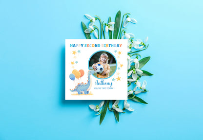 Personalised Photo 2nd Birthday Card for Toddler Boy –  Blue Brontosaurus Dinosaur with Custom Photo and Name, Age 2 Years Old Happy Birthday Card for Son, Grandson, Nephew –  Blue Envelope Included