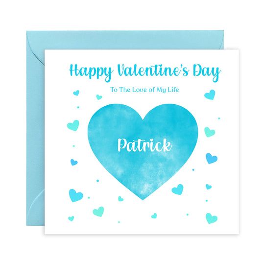 Personalised Happy Valentine’s Day Card with Elegant Blue Heart Design for Loved Ones, Husband,   Boyfriend, Fiance, Partner - with Custom Name & Message just for Him - Blue Envelope Included