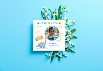 Personalised Photo 3rd Birthday Card for Toddler Boy –  Blue Brontosaurus Dinosaur with Custom Photo and Name, Age 3 Years Old Happy Birthday Card for Son, Grandson, Nephew –  Blue Envelope Included