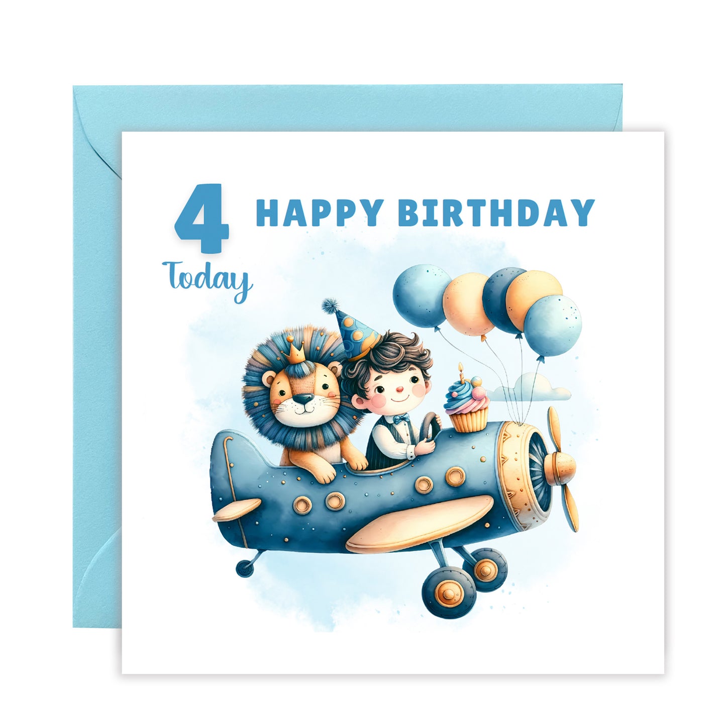 Happy 4th Birthday Card for Boys – Lion & Aeroplane Design, Age 4 Years Old Birthday Card for Kids, Children, Boy, Son, Grandson, Nephew – Blue Envelope Included