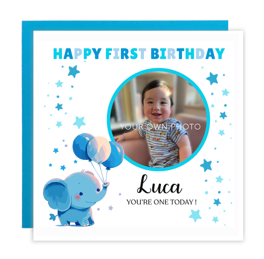 Personalised Photo 1st Birthday Card for Baby Boy – Cute Blue Elephant with Custom Photo and Name, One Year Old First Birthday Card for Son, Grandson, Nephew –  Blue Envelope Included