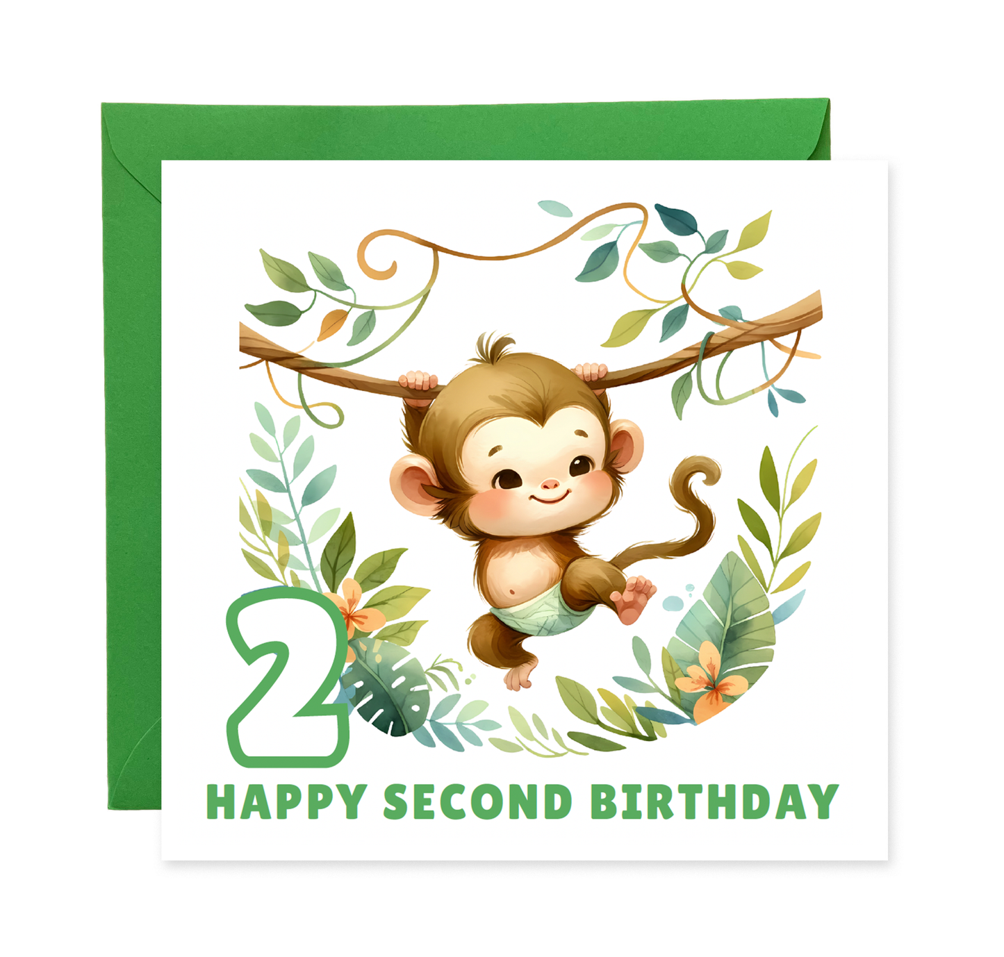 2 Years Old 2nd Birthday Card for Toddler Boy – Monkey in Jungle Animal Theme Design - Age 2 Two years old Birthday Card for Son, Grandson Nephew with Green Envelope