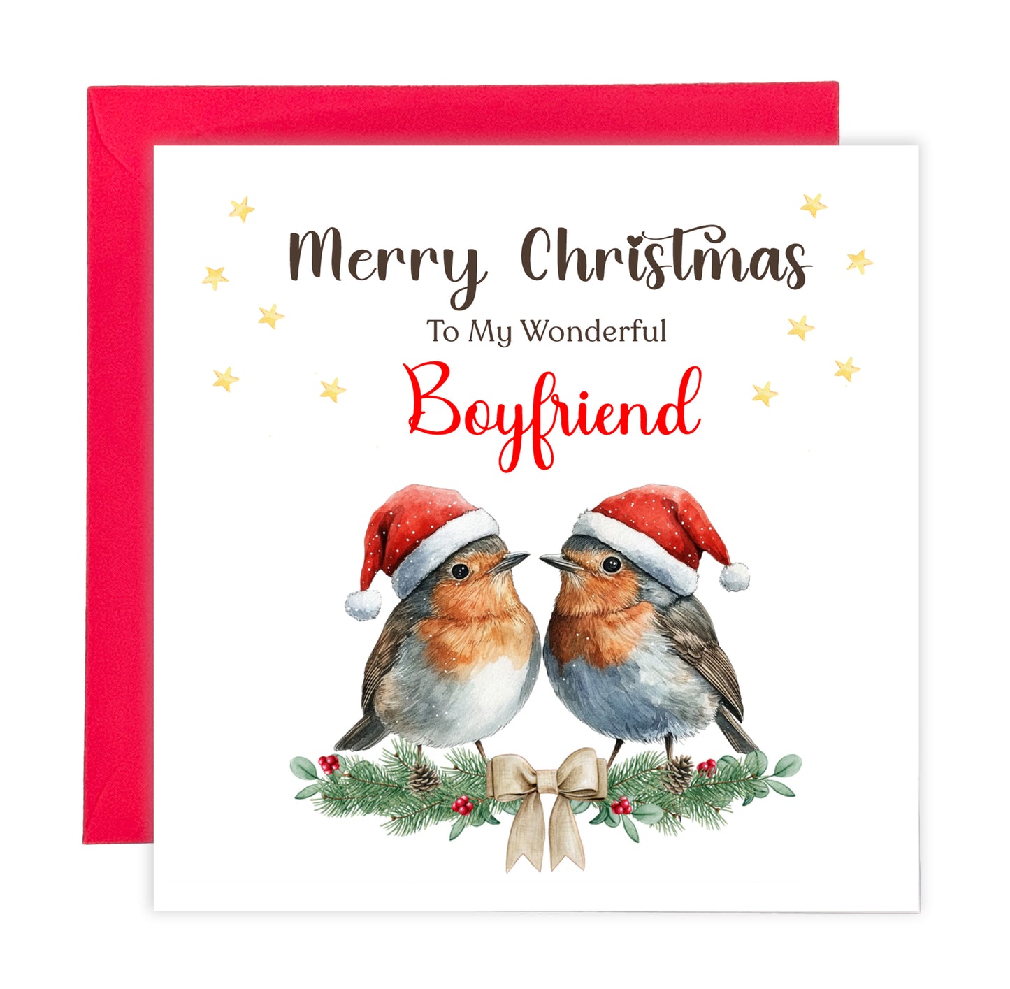 Robin Couple Christmas Card – 6 Options Available: Boyfriend, Girlfriend, Husband, Wife, Fiancé & Fiancée – Love Birds Merry Christmas Card - Red Envelope Included