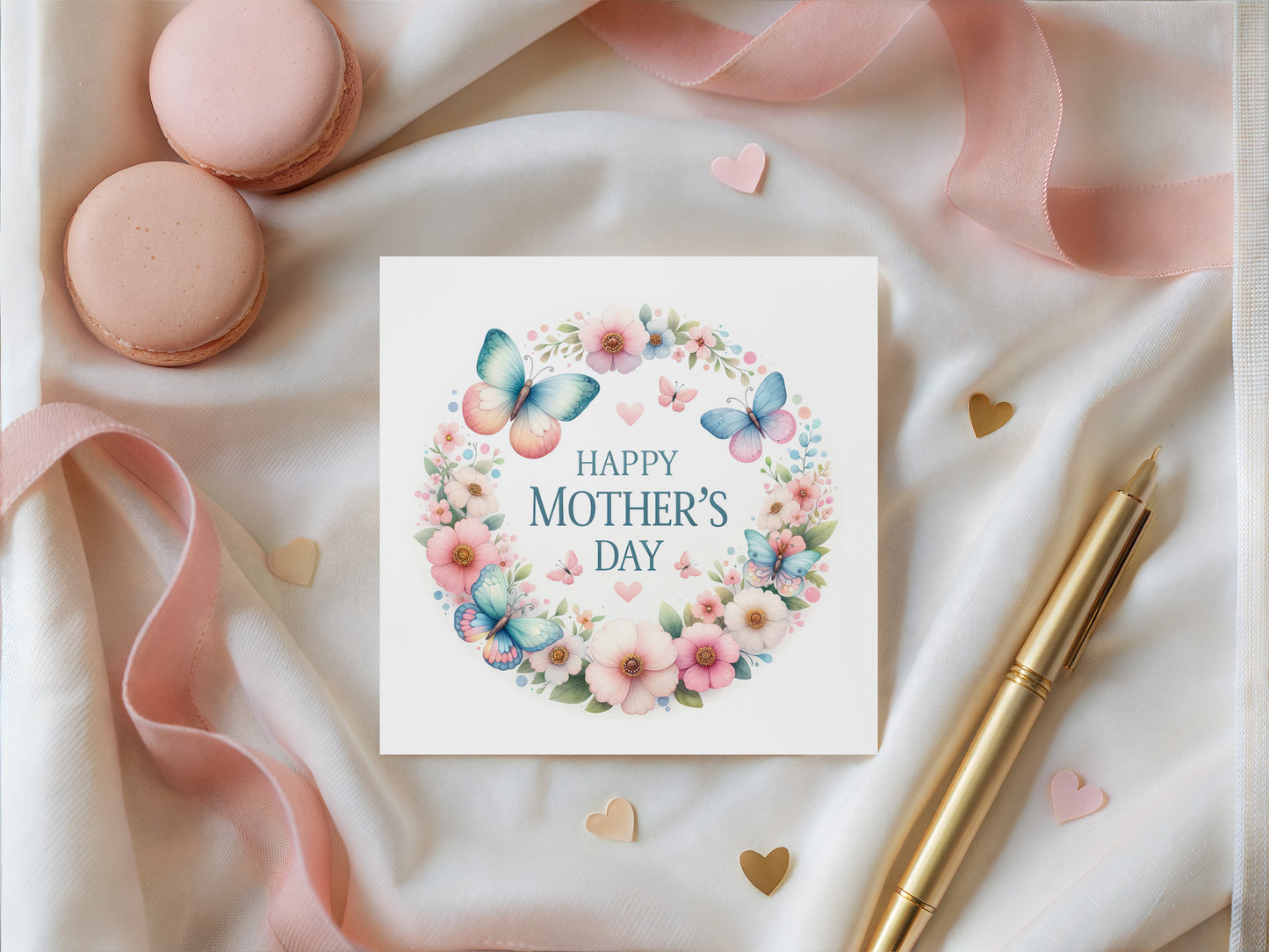 Happy Mother’s Day Card - Butterfly & Floral Wreath Design for Mother, Mother To Be, Step-Mum, Grandma, Wife from Son or Daughter - Pink Envelope Included