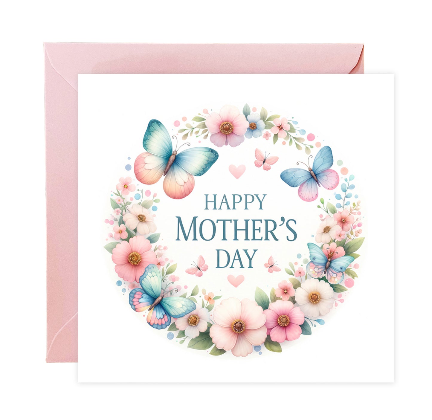 Happy Mother’s Day Card - Butterfly & Floral Wreath Design for Mother, Mother To Be, Step-Mum, Grandma, Wife from Son or Daughter - Pink Envelope Included