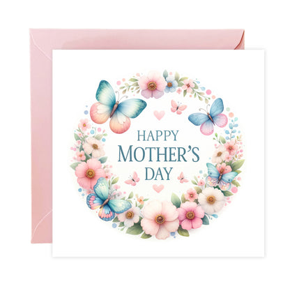 Happy Mother’s Day Card - Butterfly & Floral Wreath Design for Mother, Mother To Be, Step-Mum, Grandma, Wife from Son or Daughter - Pink Envelope Included