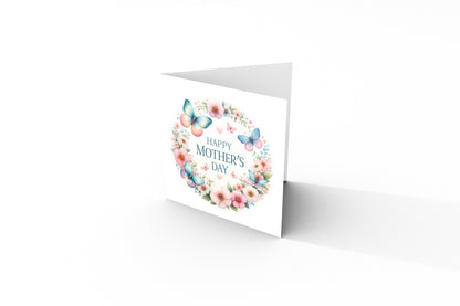 Happy Mother’s Day Card - Butterfly & Floral Wreath Design for Mother, Mother To Be, Step-Mum, Grandma, Wife from Son or Daughter - Pink Envelope Included