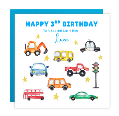 Personalised 3 Years Old 3rd Birthday Card for Toddler Boy – Vehicles and Cars Design with Custom Name & Message - Age 3 Year Old Birthday Card for Little One, Son, Grandson Nephew with Blue Envelope