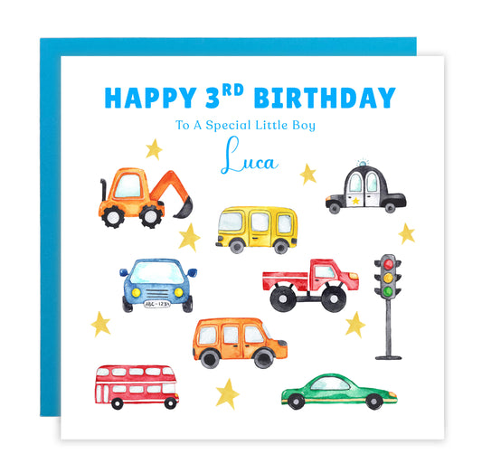 Personalised 3 Years Old 3rd Birthday Card for Toddler Boy – Vehicles and Cars Design with Custom Name & Message - Age 3 Year Old Birthday Card for Little One, Son, Grandson Nephew with Blue Envelope