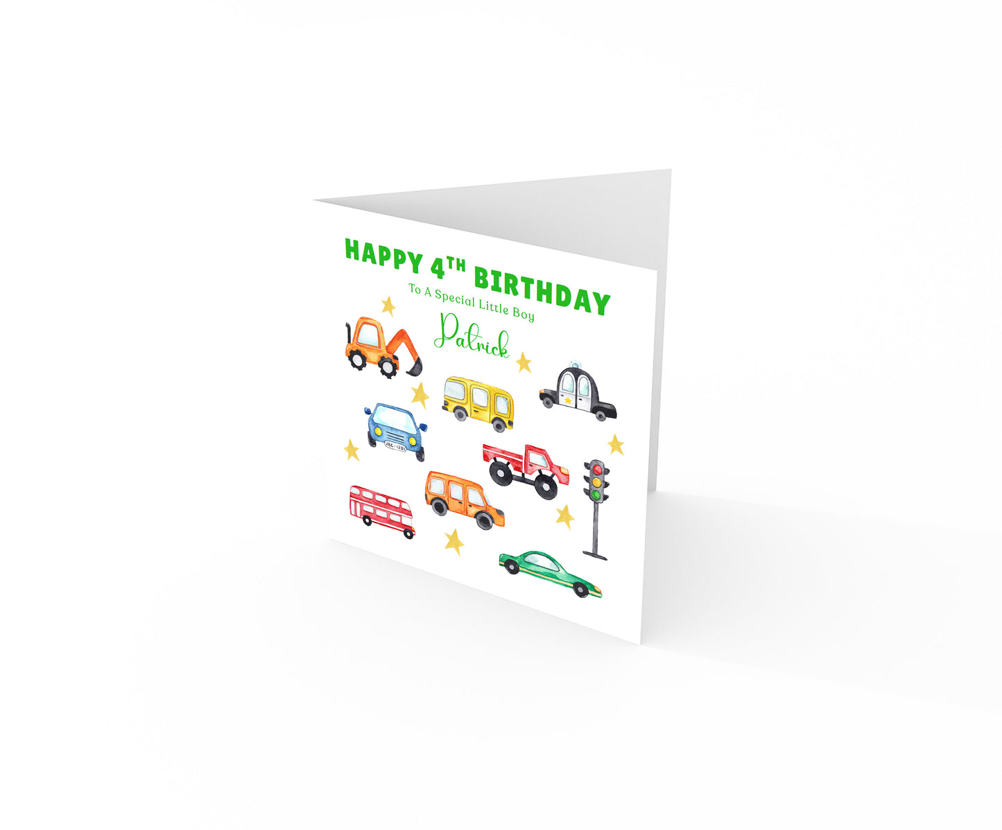 Personalised 4 Years Old 4th Birthday Card for Boys – Cars & Trucks Design with Custom Name & Message - Age 4 Vehicles Birthday Card for Kids, Children, Son, Grandson Nephew with Green Envelope