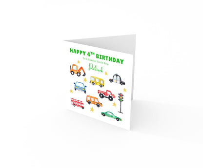 Personalised 4 Years Old 4th Birthday Card for Boys – Cars & Trucks Design with Custom Name & Message - Age 4 Vehicles Birthday Card for Kids, Children, Son, Grandson Nephew with Green Envelope