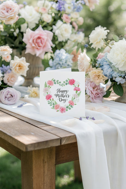 Pink Carnation Floral Wreath Happy Mother’s Day Card - Elegant Watercolor Flowers & Greenery Design for Mother, Mother To Be, Step-Mum, Grandma, Wife from Son or Daughter - Pink Envelope Included