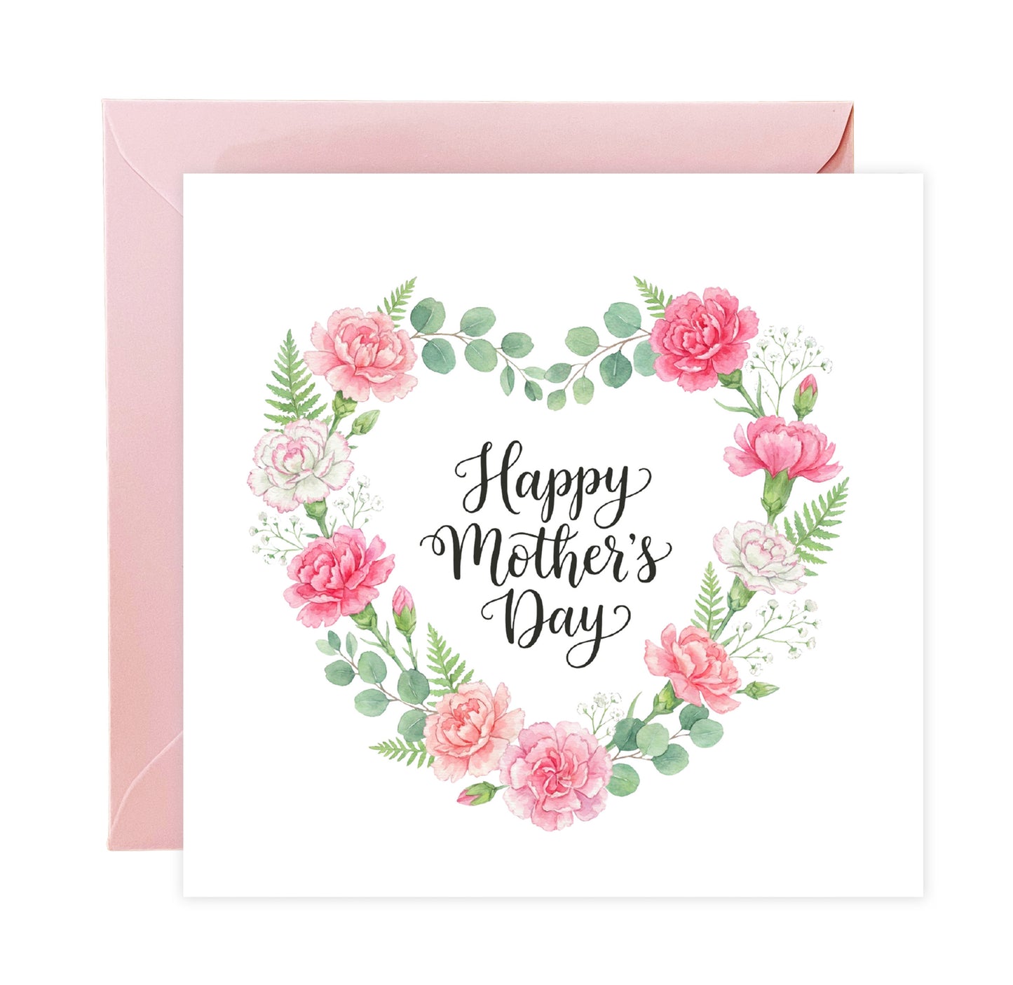 Pink Carnation Floral Wreath Happy Mother’s Day Card - Elegant Watercolor Flowers & Greenery Design for Mother, Mother To Be, Step-Mum, Grandma, Wife from Son or Daughter - Pink Envelope Included
