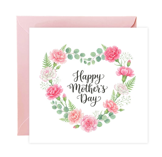 Pink Carnation Floral Wreath Happy Mother’s Day Card - Elegant Watercolor Flowers & Greenery Design for Mother, Mother To Be, Step-Mum, Grandma, Wife from Son or Daughter - Pink Envelope Included