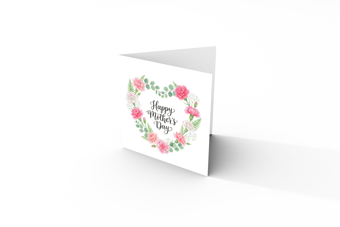 Pink Carnation Floral Wreath Happy Mother’s Day Card - Elegant Watercolor Flowers & Greenery Design for Mother, Mother To Be, Step-Mum, Grandma, Wife from Son or Daughter - Pink Envelope Included