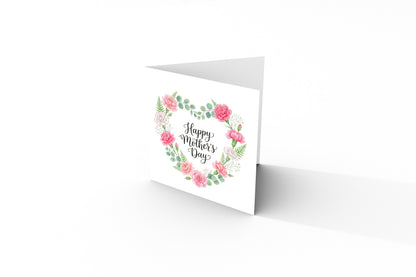 Pink Carnation Floral Wreath Happy Mother’s Day Card - Elegant Watercolor Flowers & Greenery Design for Mother, Mother To Be, Step-Mum, Grandma, Wife from Son or Daughter - Pink Envelope Included