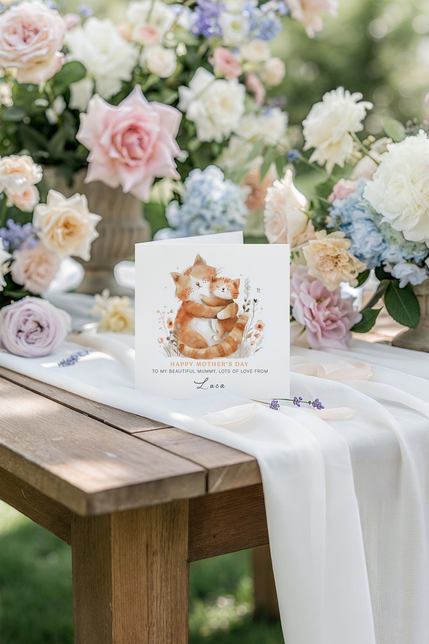 Personalised Happy Mother's Day Card with Custom Name for Mummy, Mama, Mum, Mother to be, Cat Lovers, Owner, Grandma from Kid, Son & Daughter – Cute Cat Mum & Kitten - Brown Kraft Envelope Included